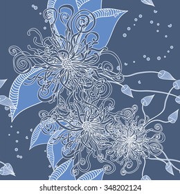 Seamless Floral Doodle Background Pattern with Leaves. Design  zen-tangle. Decorative Hand Drawn Background. Sketchy ornate zen tangle texture with abstract flowers.