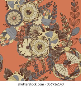 Seamless Floral Doodle Background Pattern with Leaves. Design  zentangle. Decorative Hand Drawn.Sketchy ornate texture with abstract flowers. Fabrics and canvas texture. Vector.