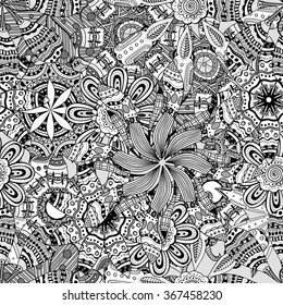 Seamless  floral doodle background pattern in vector.  Design asian, ethnic, tribal pattern. Black and white background. Coloring book.