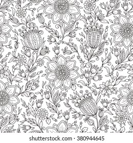 Seamless floral doodle background pattern in vector. Design asian, ethnic, tribal pattern. Black and white background. Coloring book. Sunflower zentangle