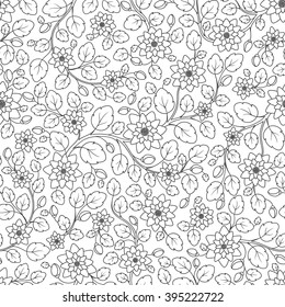 Seamless floral doodle background pattern in vector. Design asian, ethnic, tribal pattern. Black and white background. Coloring book. Sunflower zentangle