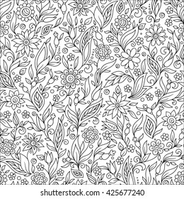 Seamless floral doodle background pattern in vector. Design asian, ethnic, tribal pattern. Black and white background. Coloring book. Sunflower zentangle