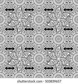 Seamless floral doodle background pattern in vector. Design asian, ethnic, tribal pattern. Black and white background. Doodles flower. Row. Stripes. Round elements. Sun. Vector.