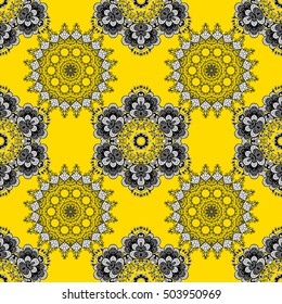 Seamless floral doodle background pattern in vector. Design asian, ethnic, tribal pattern. Black and white background. Yellow background. Dim background. Vector.