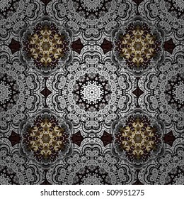 Patrón de fondo de doodle floral sin fisuras en el vector. Diseño asiático, étnico, tribal. Fondo blanco y negro. Vector. Fondo oscuro. Elementos dorados.
