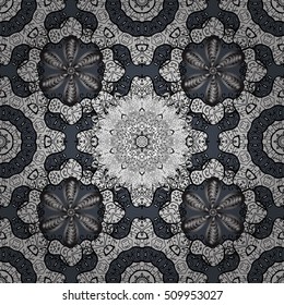 Seamless floral doodle background pattern in vector. Design asian, ethnic, tribal pattern. Black and white background. Dark background. Dim background. Gray. Vector.