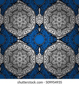 Seamless floral doodle background pattern in vector. Design asian, ethnic, tribal pattern. Black and white background. Blue background. Dim background. Dark background. Vector.