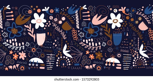 Seamless floral doodle border with plants and abstract shapes in blue pink white brown. Modern repeating pattern design with hand drawn flowers, hearts for banners, cards, packaging, kids decor, trim