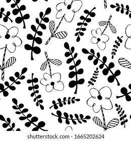 Seamless floral doodle pattern. Cartoon kids fashion design. Funny ornamental vintage elements: flowers, leaf branches. Good for interior design, wallpaper, wrapping paper, textile, fabric, print.