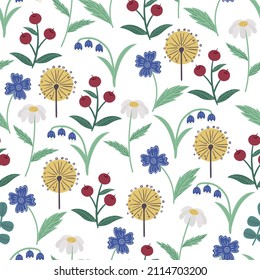 Patrón de doodle floral sin brillo. Patrón floral de flores, hierbas, bayas y hojas. Imagen vectorial de estilo plano.