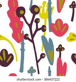 Seamless Floral Doodle Pattern with Leaves and abstract fantastic flowers. 