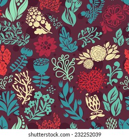 Seamless floral doodle pattern. Vector hand drawn cute floral seamless background