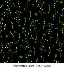 Seamless floral doodle pattern of yellow branches and elements on black. Vector repeat doodle botanical background for textile, fashion, cover, wallpaper, scrapbooking, print design.