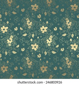 Seamless floral elegant luxury pattern in green and gold colors. Vector 