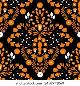 Seamless floral elements of Scandinavian folk design. Vector illustration with flowers on black background