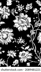 seamless floral embroidery pattern. Folk design with flowers, leaves, embellishments, and texture of a thread in black and white 