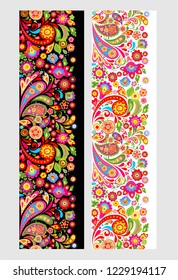 Seamless floral ethnic borders with colorful abstract flowers