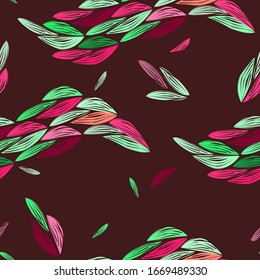 Seamless floral ethnic pattern with colorful autumn leaves on dark bordo background. Modern colors.Vector illustration for textiles, packaging, advertising, invitations, social networks design.
