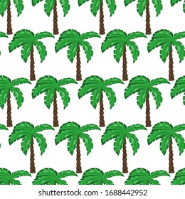 Seamless floral exotic pattern with flat tropical green palm tree on white background. Jungle foliage illustration. Hand drawn vector plant. Summer symbol. 