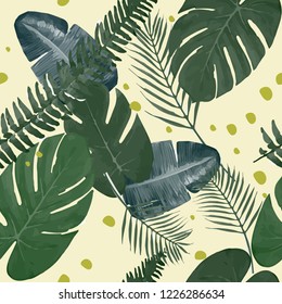 Seamless floral exotic pattern. Wallpaper of tropical leaves on a light yellow background.