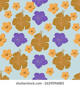 Seamless floral fabric pattern in blue background with neutral beige flowers