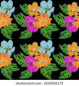 Seamless floral fabric pattern with green leaves, pink flowers, orange flowers, blue flowers on black background.