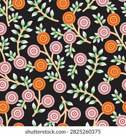 Seamless floral fabric print pattern with ethnic inspired circular flowers, the design mimics traditional block printing