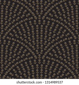 Seamless floral fan shaped pattern from stylized gold flowers on a black background. Peacock tale shape from golden tulips. Spring wallpaper print, batik, wrapping paper, web page fill