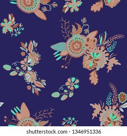 Seamless floral fantasy pattern. Trend fashion textile surface print for interior decor, womenswear, cover, gifts.