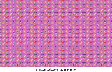 Patrón femenino floral sin foco. Pequeñas flores rosas y rojas sobre fondo morado.  Envoltura y papel de regalo. Prendas de vestir y ropa de cama textiles. 