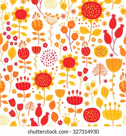 Seamless floral & flower background. Cartoon elements for decoration and create your design. Funny doodling. Fabulous pattern on white background.