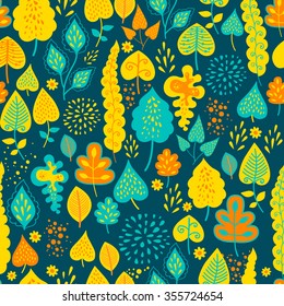 Seamless floral and flower background. Funny doodling. Cartoon elements for decoration and create your design.  Fabulous pattern on black. Colorful pattern.