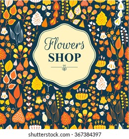 Seamless floral and flower background. Funny doodling. Cartoon elements for decoration and create your design.  Fabulous pattern on black . Orange pattern.