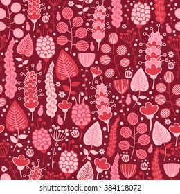 Seamless floral and flower background. Funny doodling. Cartoon elements for decoration and create your design. Fabulous pattern on dark red background.