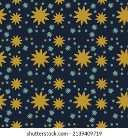 Seamless floral flowers pattern with Small yellow flowers. Navy blue background. Modern floral pattern.
