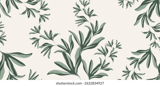 Seamless floral foliage patterns. Elegant branch decor designs. Abstract green leaf graphics. Nature-inspired paper art. Ornamental fashion backgrounds. Floral fabric texture