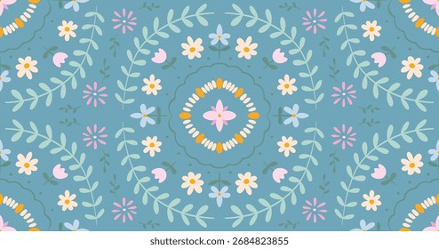 Seamless Floral Folk Art Pattern with Colorful Flowers