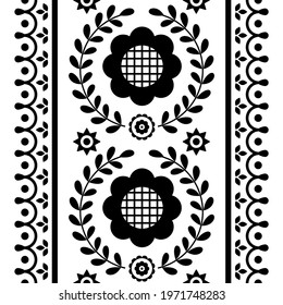 Seamless floral folk art vector pattern inspired by Polish embroidery Lachy Sadeckie - textile or fabric print black and white ornament
	
Repetitive monochrome wallpaper with flowers and leaves, old e