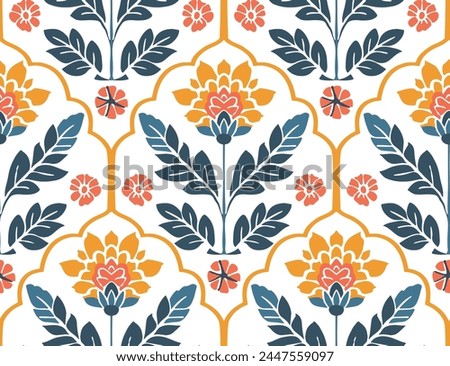seamless floral folk pattern. bohemian style, bright colors. decorative flowers and ornaments, symmetric layout for interior or fashion textiles.