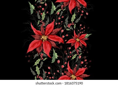 Seamless floral frame, border. realistic holiday flowers made of poinsettia, Holly. modern hand-drawn winter flowers in the style of realism. Vector decor for printing, your ideas.