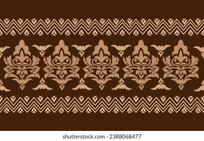 Seamless floral frame for fabric in ikat embroidery style. Ethnic abstract art. Seamless pattern in tribal, folk embroidery. Design for carpets, wallpaper, clothing, packaging, fabric, covers, textile