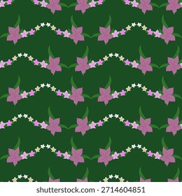 Patrón de Vector de guirnalda floral sin fisuras con flores de color rosa y púrpura sobre fondo verde oscuro. 