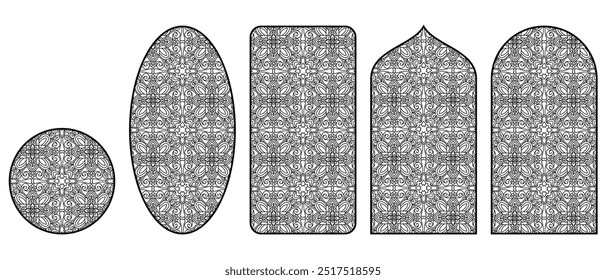 Fondo geométrico floral inconsútil para el corte del laser del CNC, diseño simétrico audaz con las Variantes del marco, Ilustración vectorial de alta calidad, archivo editable y escalable de EPS.