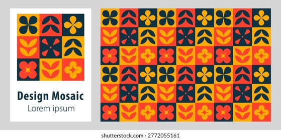 Seamless floral geometric mosaic pattern in colorful European style, abstract ornament background with simple shapes, modern design