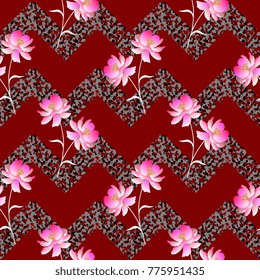 Seamless floral geometric pattern with bunch of pink cosmos flowers and zigzag ornament in vector.
