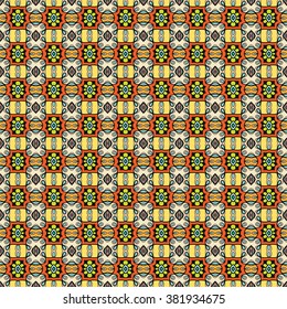 Seamless floral geometric pattern, color graphic background. Hand drawn fabric texture. Tribal ethnic arabic, indian, ottoman ornament, doodle vector illustration. 
