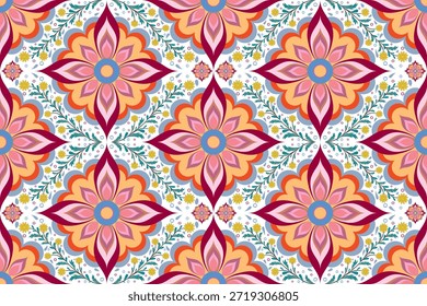 Padrão geométrico floral sem costura com flores mandala coloridas, simetria de arte folclórica, estilo boho vibrante, perfeito para papel de parede, tecido, impressões têxteis e fundos decorativos.