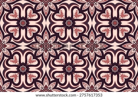 Seamless floral geometric pattern for fabric, wallpaper, tiles, upholstery, and packaging. Elegant ornamental repeat in maroon and beige tones. Hand-drawn original artwork, not AI-generated.