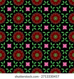 Patrón geométrico floral sin fisuras con motivos de hojas y Formas decorativas en verde, rosa, rojo y naranja sobre un fondo oscuro. Adecuado para textiles, Fondos de pantalla, papel de embalaje y diseños digitales.