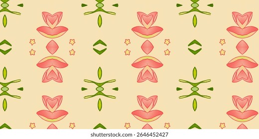 Seamless floral and geometric pattern on beige background. Abstract botanical shapes and symmetrical design in pink, green, and red. Perfect for textile or wallpaper art.